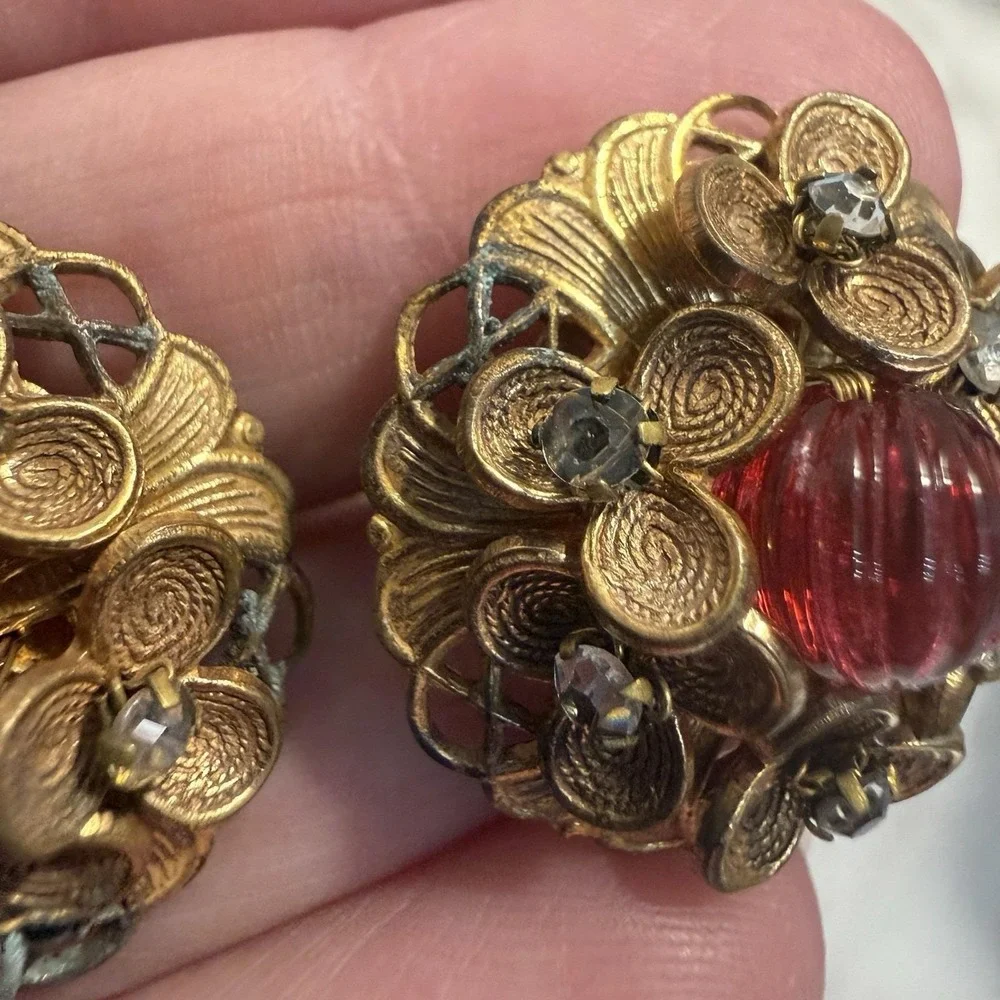Antique Victorian Red Glass Rhinestone Gold Plated Filigree Ball Cufflinks
